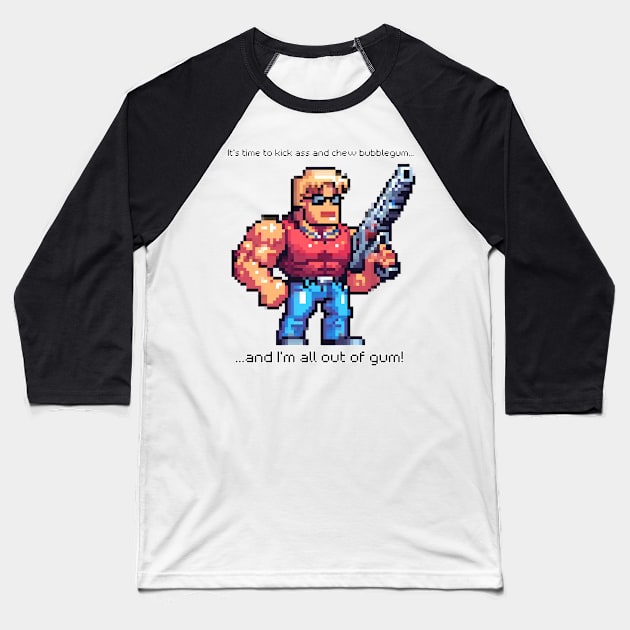 Duke Nukem Kick Ass Pixel Art Baseball T-Shirt by PixelArtly